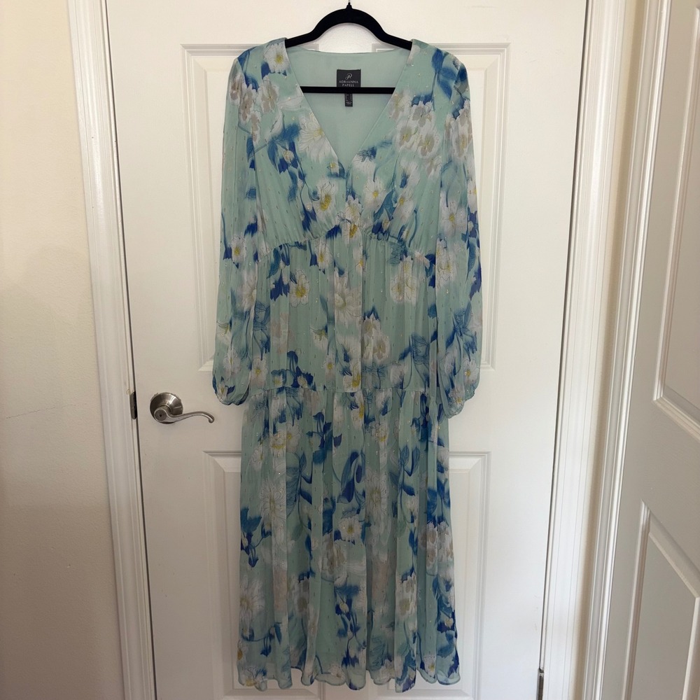 Adrianna Papell Floral Chiffon Midi Dress Sage Blue Metallic Gold Accents Size 8
